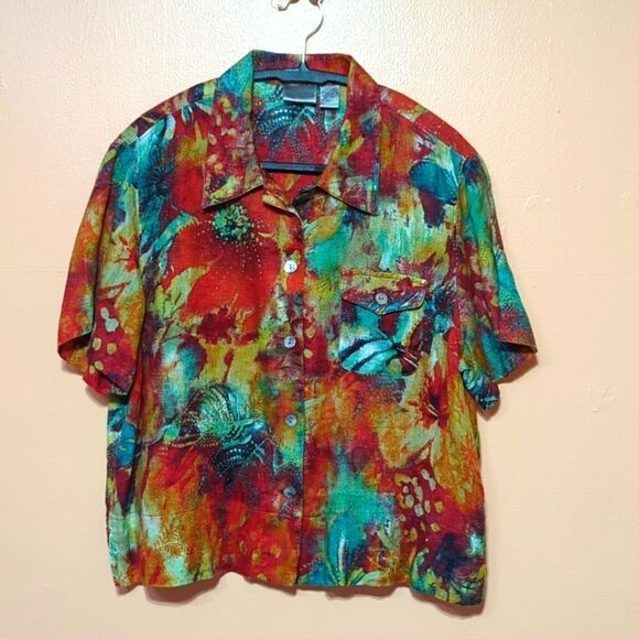 Chico's Bright Print Soft Linen Button Up Short Sleeves Boxy Cropped Shirt Sz M - Picture 2 of 7